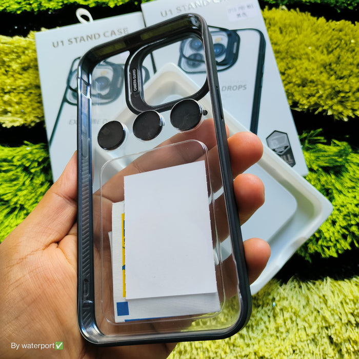 IPHONE 15/15 PLUS/15 PRO /15 PRO MAX  U1 STAND CASE BEST CAMARA PROTECTION FULL METAL FRAME + HARD SCREEN PROTECTOR FREE